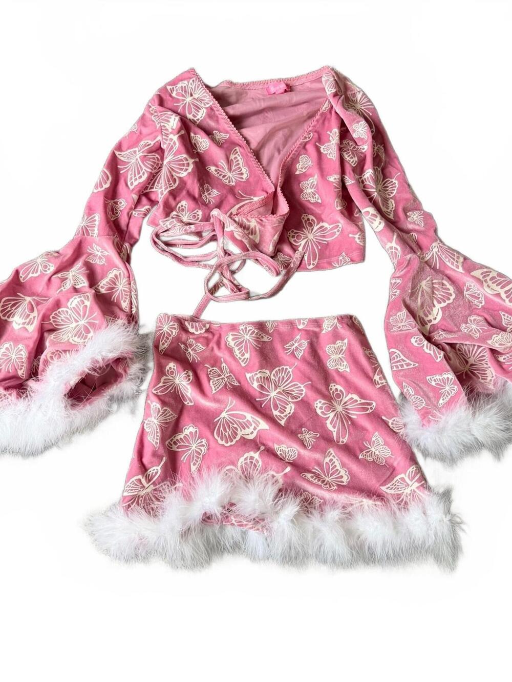 Sugar Thrillz Dolls Kill Womens S Pink Butterfly Velvet 2 Piece Skirt Set Y2K